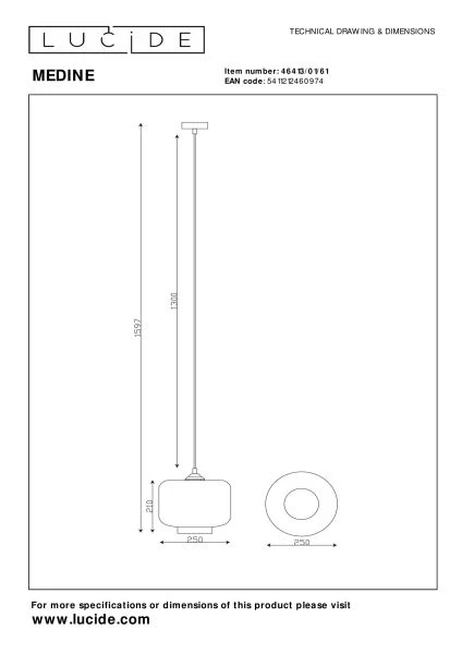 Lucide MEDINE - Lámpara colgante - Ø 25 cm - 1xE27 - Ópalo - técnico